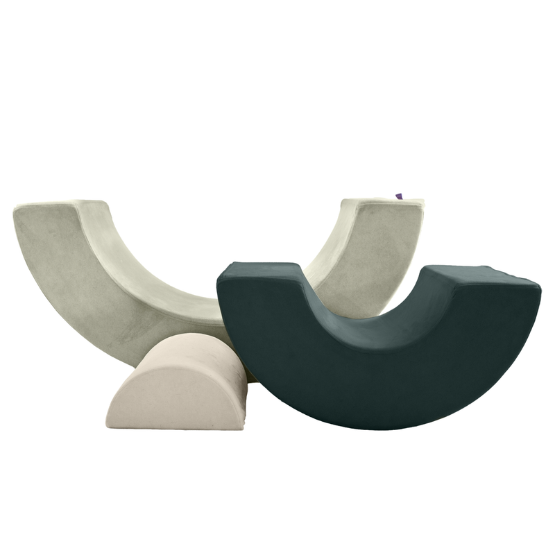 Possum Play Rainbow Set in Greens (Sage, Forest, Babycino) - three arch cushions used as rockers for active play