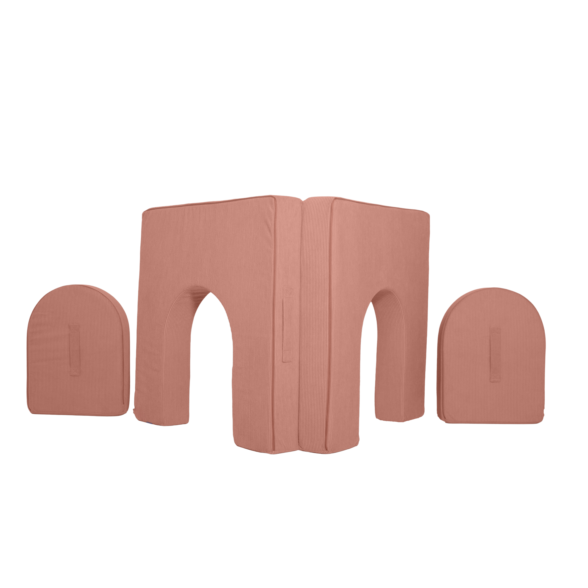 Possum Play Tunnels & Shields in Rosie Pink Corduroy showing tunnel opening and removable shield doors