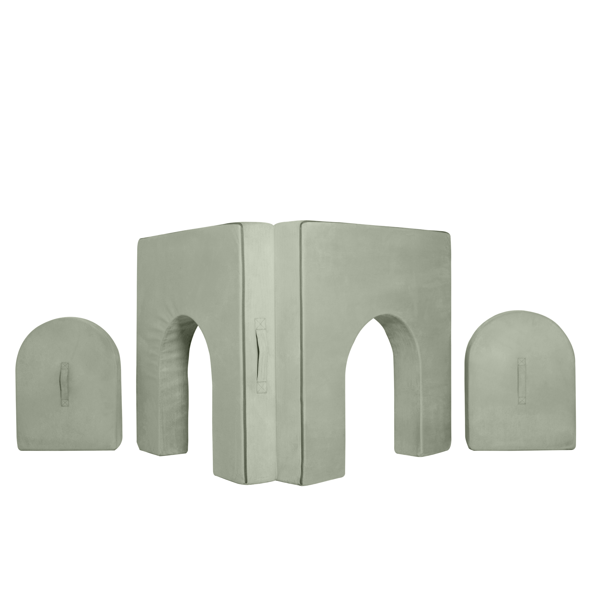 Possum Play Tunnels & Shields in Sage Green showing tunnel opening and removable shield doors